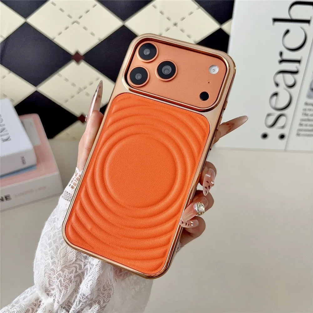 For iPhone 17 Pro Magnetic Case 3D Ripple Texture Leather Coated PC + TPU Electroplated Phone Cover - Orange - 2