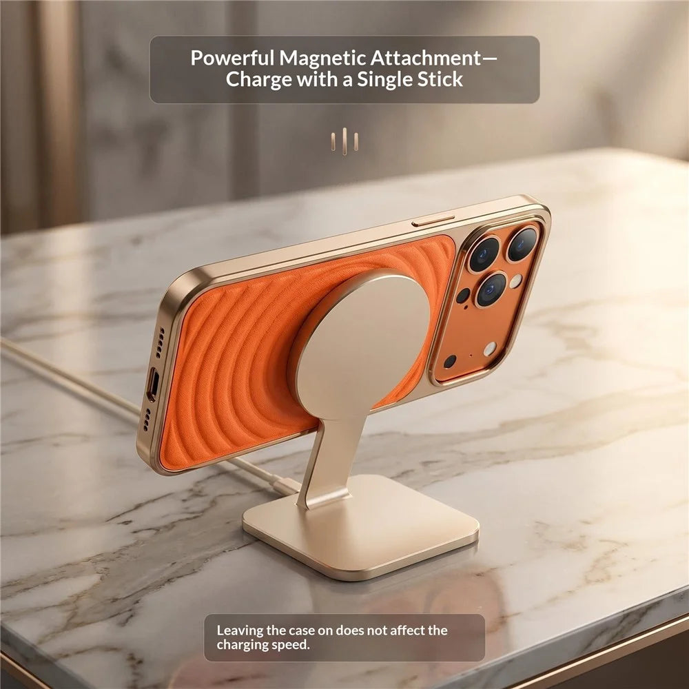 For iPhone 17 Pro Magnetic Case 3D Ripple Texture Leather Coated PC + TPU Electroplated Phone Cover - Orange - 3