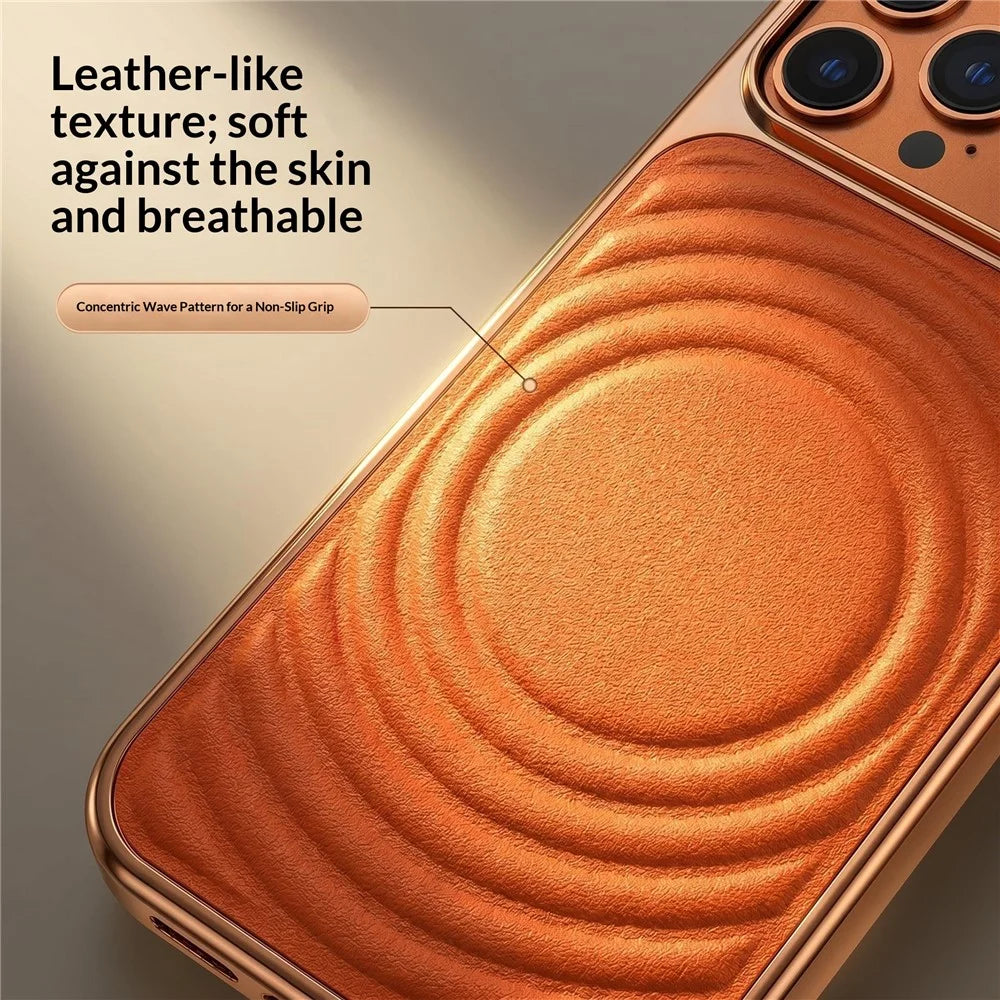For iPhone 17 Pro Magnetic Case 3D Ripple Texture Leather Coated PC + TPU Electroplated Phone Cover - Orange - 5