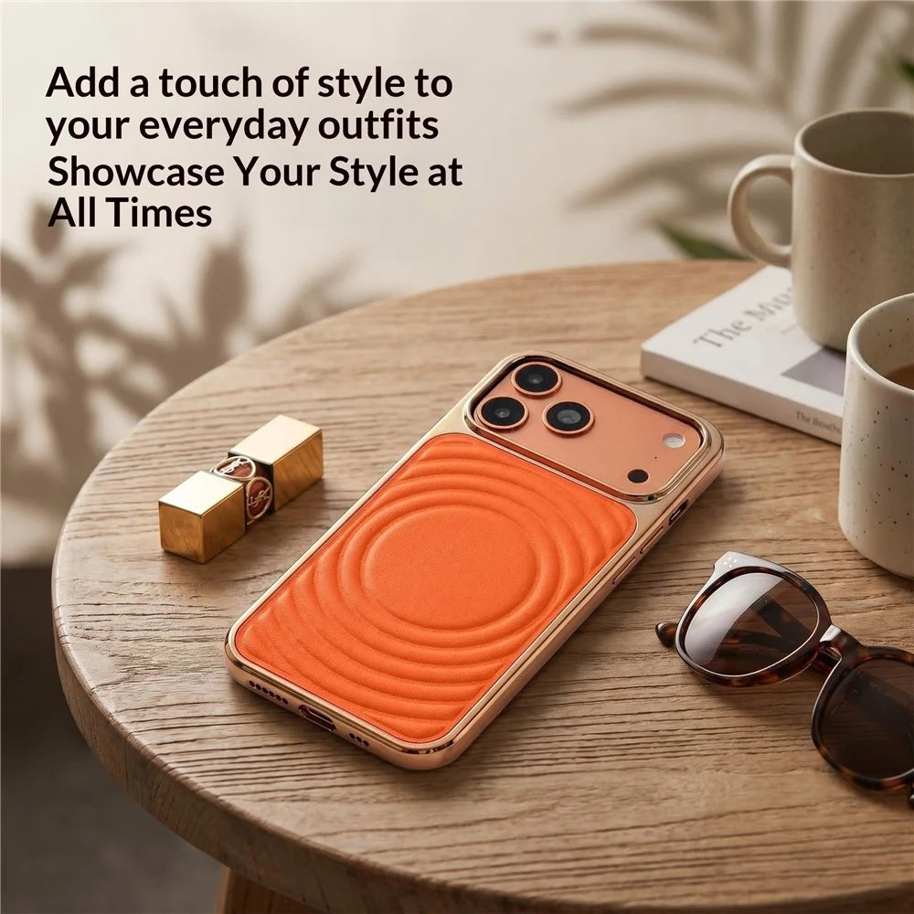 For iPhone 17 Pro Magnetic Case 3D Ripple Texture Leather Coated PC + TPU Electroplated Phone Cover - Orange - 6