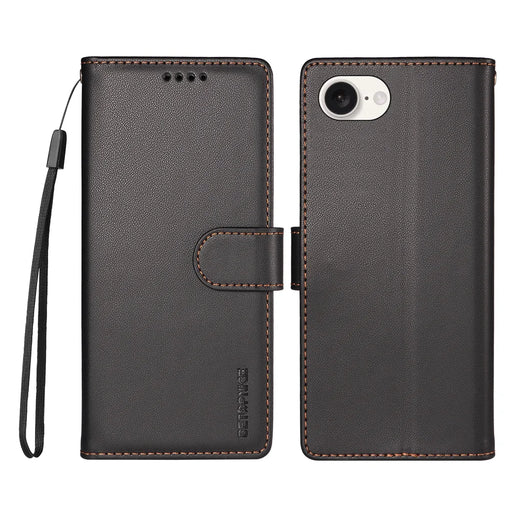 BETOPNICE for iPhone 16e / iPhone 17e 006 Case RFID Blocking Wallet Stand Leather Phone Cover with Wrist Strap - Black - 1