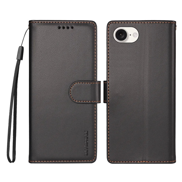 BETOPNICE for iPhone 16e / iPhone 17e 006 Case RFID Blocking Wallet Stand Leather Phone Cover with Wrist Strap - Black - 1