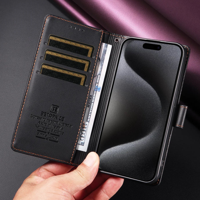 BETOPNICE for iPhone 16e / iPhone 17e 006 Case RFID Blocking Wallet Stand Leather Phone Cover with Wrist Strap - Black - 4