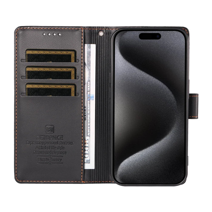 BETOPNICE for iPhone 16e / iPhone 17e 006 Case RFID Blocking Wallet Stand Leather Phone Cover with Wrist Strap - Black - 5