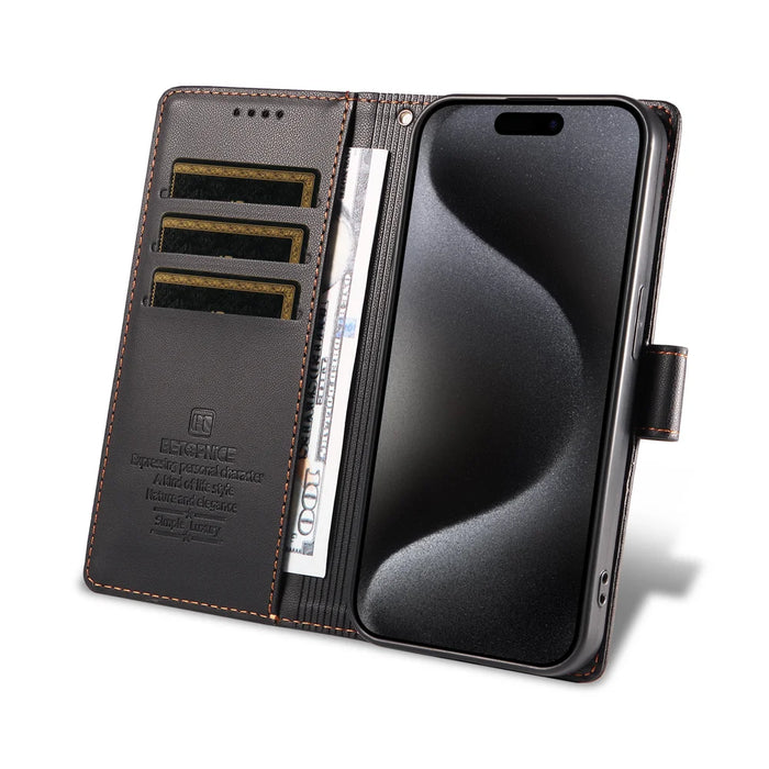 BETOPNICE for iPhone 16e / iPhone 17e 006 Case RFID Blocking Wallet Stand Leather Phone Cover with Wrist Strap - Black - 6