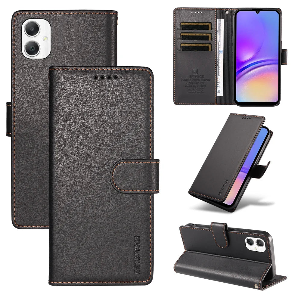 BETOPNICE for Samsung Galaxy A07 5G / Galaxy A06 4G / Galaxy A06 5G / Galaxy A08 4G / Galaxy F06 5G / Galaxy M06 5G / Galaxy A07 4G 006 Case RFID Blocking Wallet Stand Leather Phone Cover with Wrist Strap - Black - 3