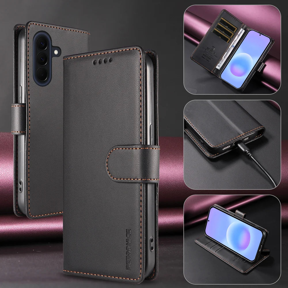 BETOPNICE for Samsung Galaxy A57 5G 006 Case RFID Blocking Wallet Stand Leather Phone Cover with Wrist Strap - Black - 2