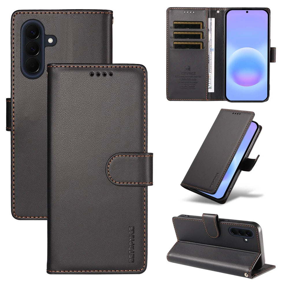 BETOPNICE for Samsung Galaxy A57 5G 006 Case RFID Blocking Wallet Stand Leather Phone Cover with Wrist Strap - Black - 3
