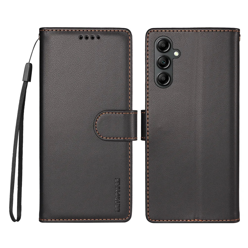 BETOPNICE for Samsung Galaxy A14 4G / Galaxy A14 5G 006 Case RFID Blocking Wallet Stand Leather Phone Cover with Wrist Strap - Black - 1