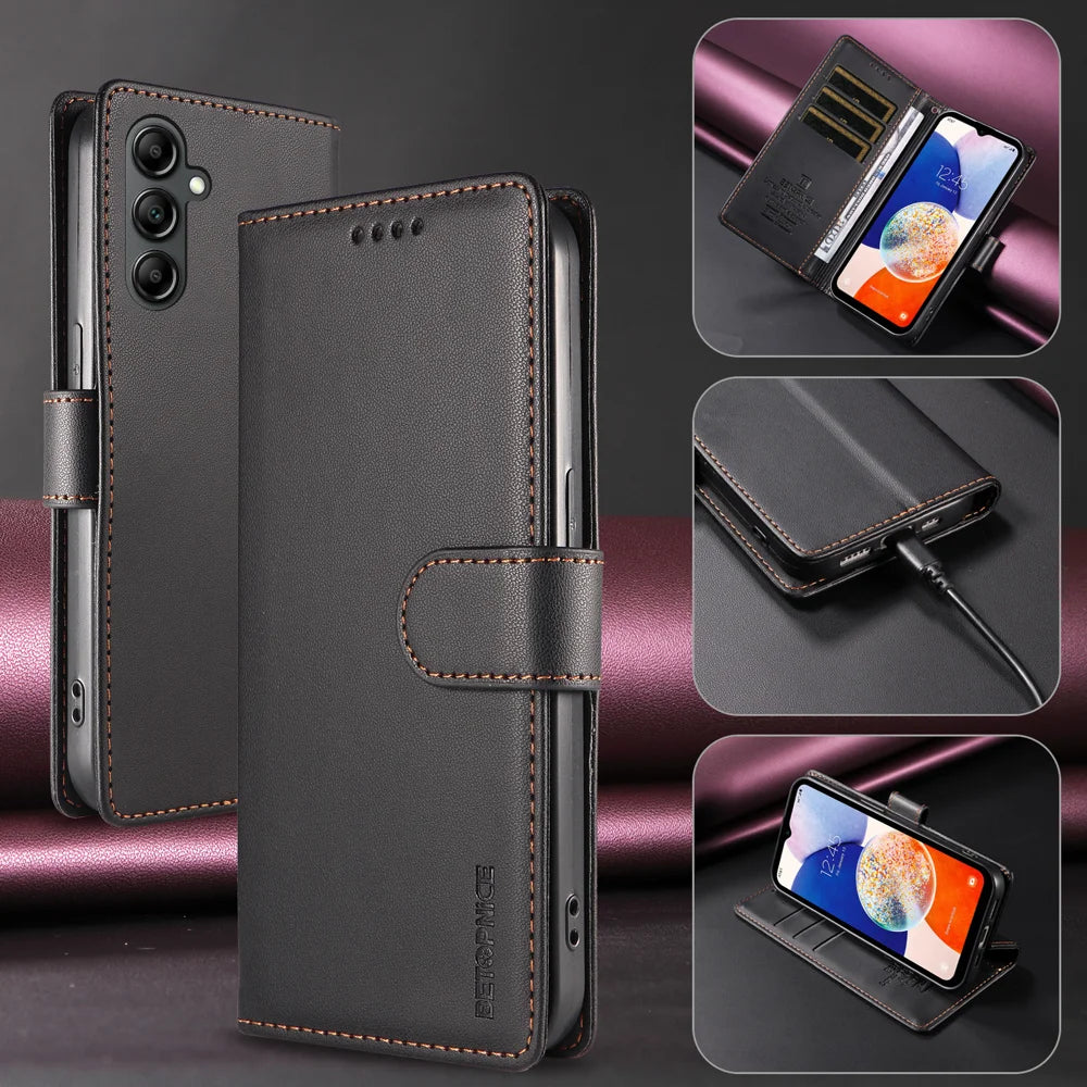 BETOPNICE for Samsung Galaxy A14 4G / Galaxy A14 5G 006 Case RFID Blocking Wallet Stand Leather Phone Cover with Wrist Strap - Black - 2