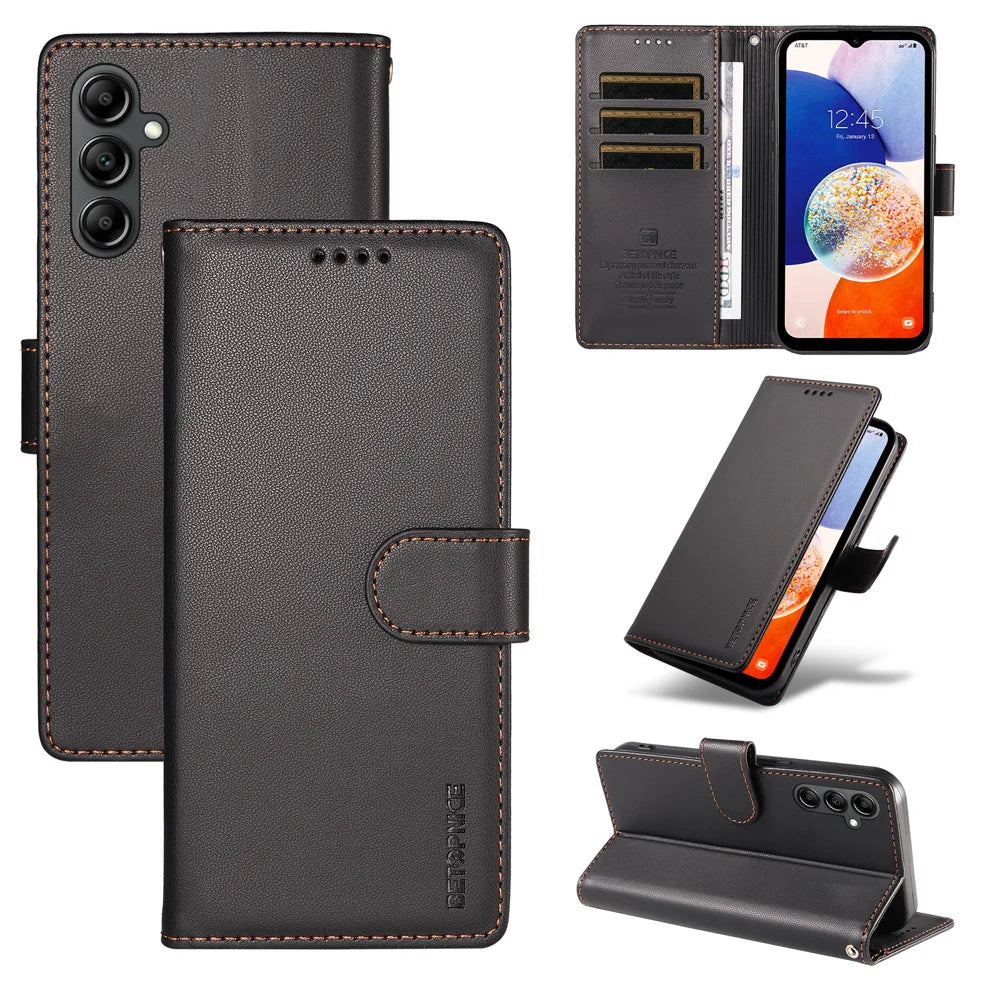 BETOPNICE for Samsung Galaxy A14 4G / Galaxy A14 5G 006 Case RFID Blocking Wallet Stand Leather Phone Cover with Wrist Strap - Black - 3