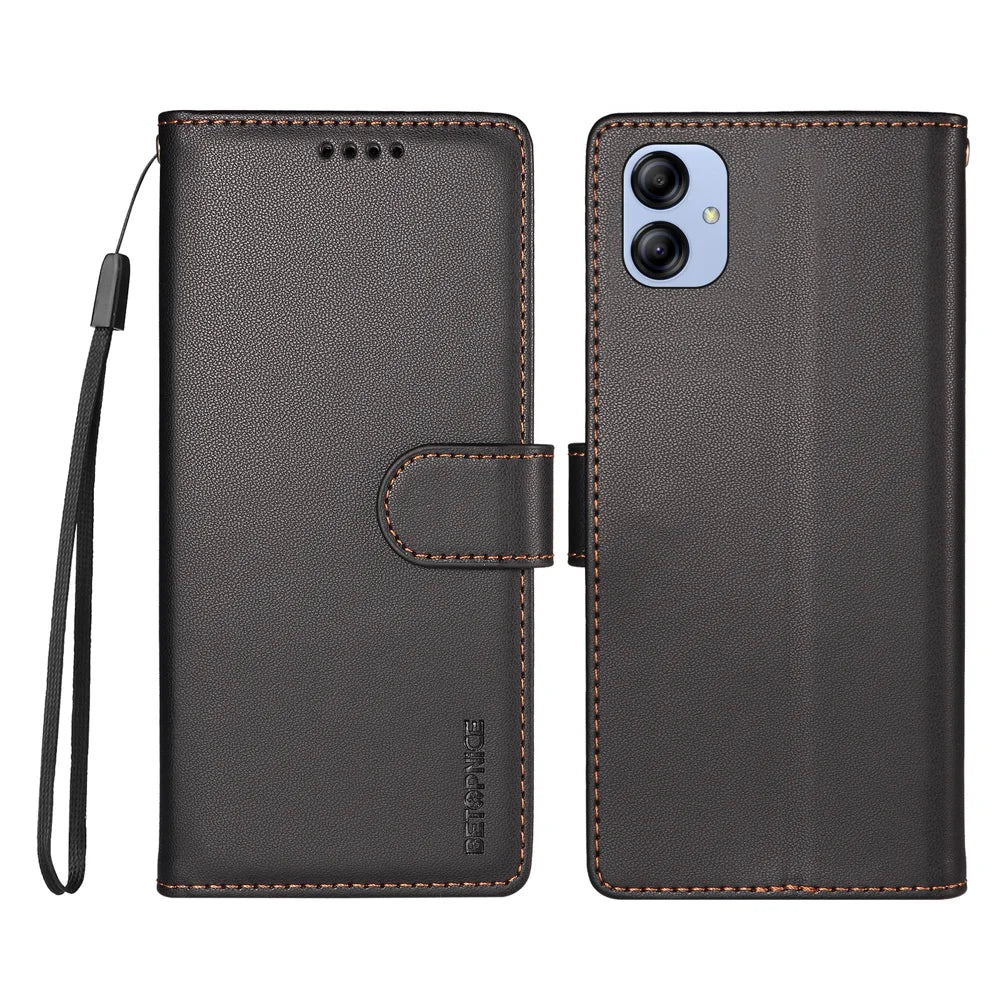 BETOPNICE for Samsung Galaxy F04 4G / Galaxy A04e 4G 006 Case RFID Blocking Wallet Stand Leather Phone Cover with Wrist Strap - Black - 1