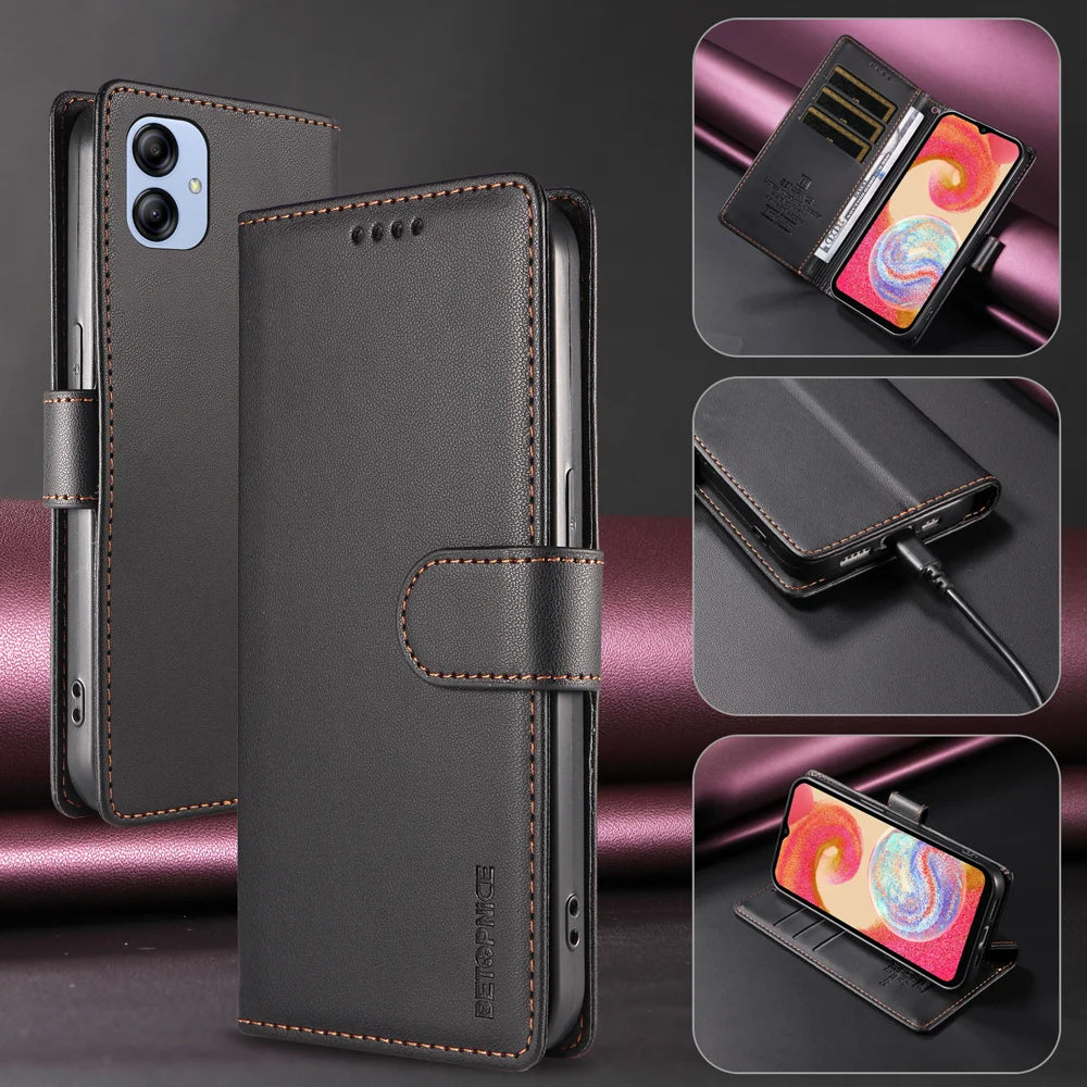 BETOPNICE for Samsung Galaxy F04 4G / Galaxy A04e 4G 006 Case RFID Blocking Wallet Stand Leather Phone Cover with Wrist Strap - Black - 2