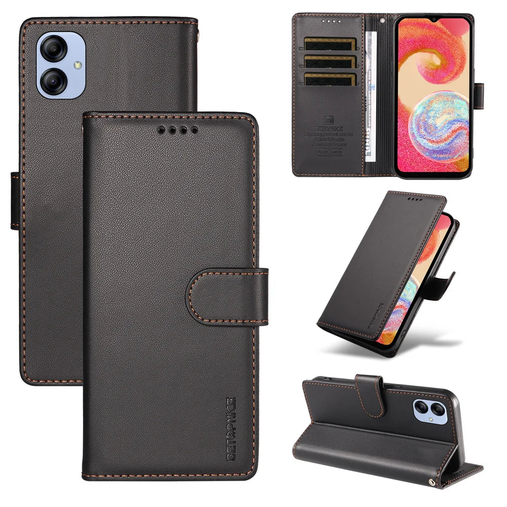 BETOPNICE for Samsung Galaxy F04 4G / Galaxy A04e 4G 006 Case RFID Blocking Wallet Stand Leather Phone Cover with Wrist Strap - Black - 3