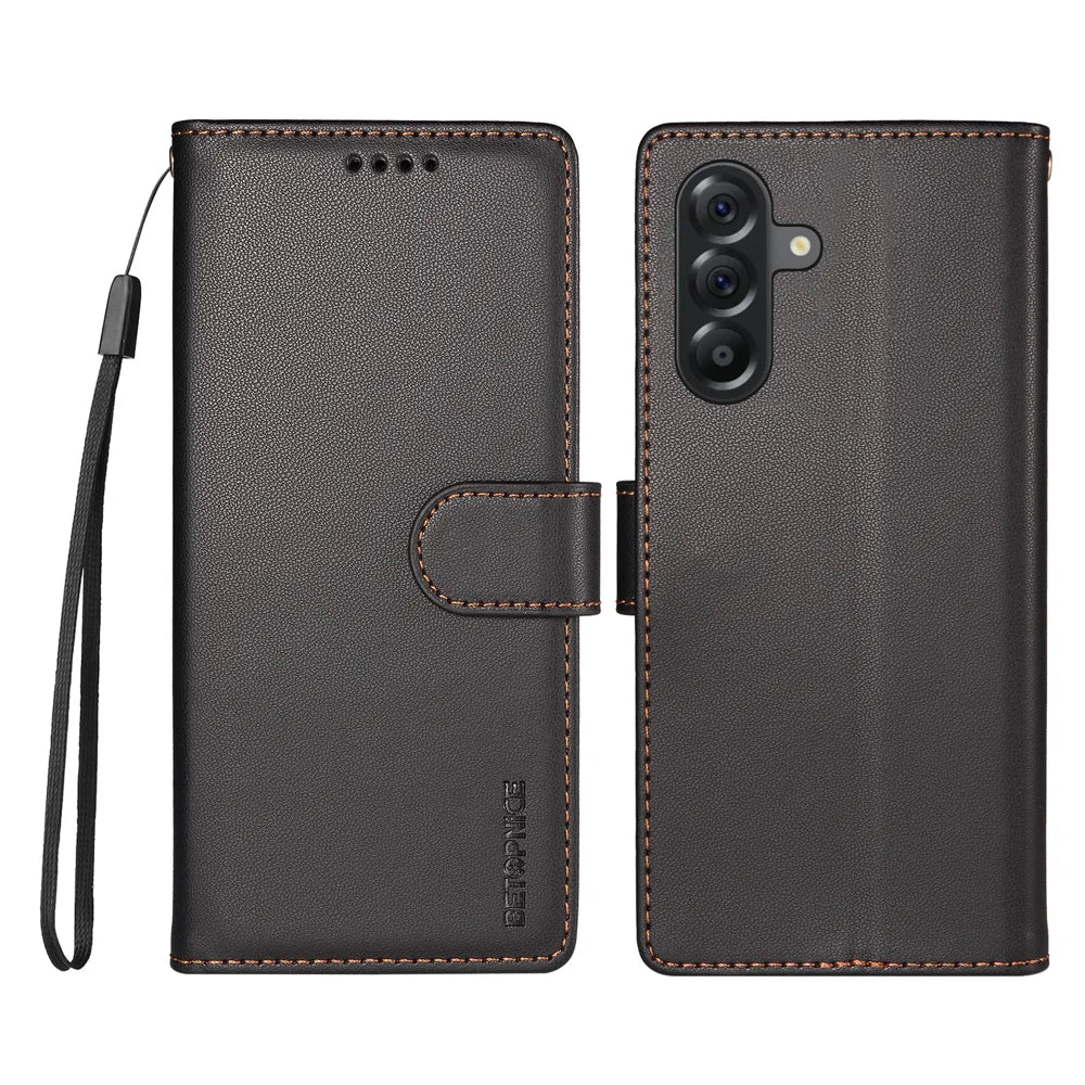 BETOPNICE for Samsung Galaxy A56 5G 006 Case RFID Blocking Wallet Stand Leather Phone Cover with Wrist Strap - Black - 1