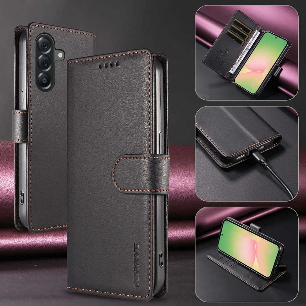 BETOPNICE for Samsung Galaxy A56 5G 006 Case RFID Blocking Wallet Stand Leather Phone Cover with Wrist Strap - Black - 2