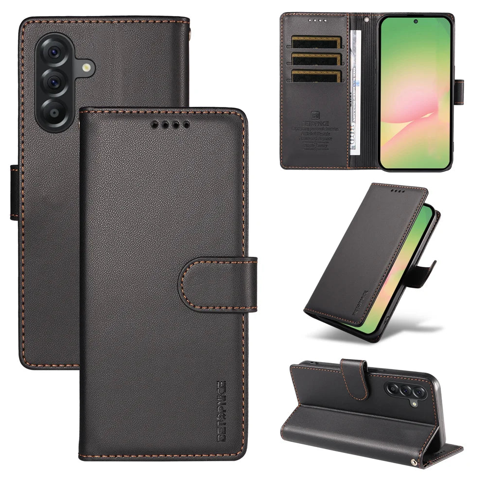 BETOPNICE for Samsung Galaxy A56 5G 006 Case RFID Blocking Wallet Stand Leather Phone Cover with Wrist Strap - Black - 3