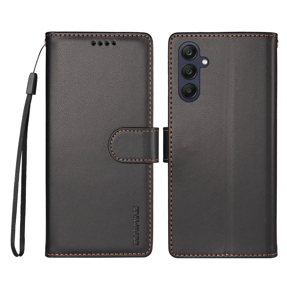 BETOPNICE for Samsung Galaxy A25 5G (Global) (161mm) 006 Case RFID Blocking Wallet Stand Leather Phone Cover with Wrist Strap - Black - 1