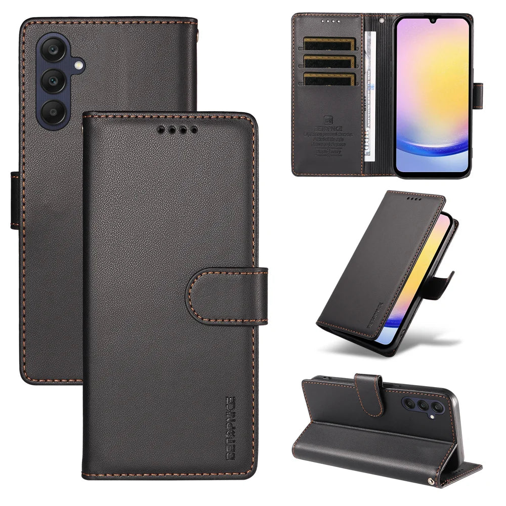 BETOPNICE for Samsung Galaxy A25 5G (Global) (161mm) 006 Case RFID Blocking Wallet Stand Leather Phone Cover with Wrist Strap - Black - 3