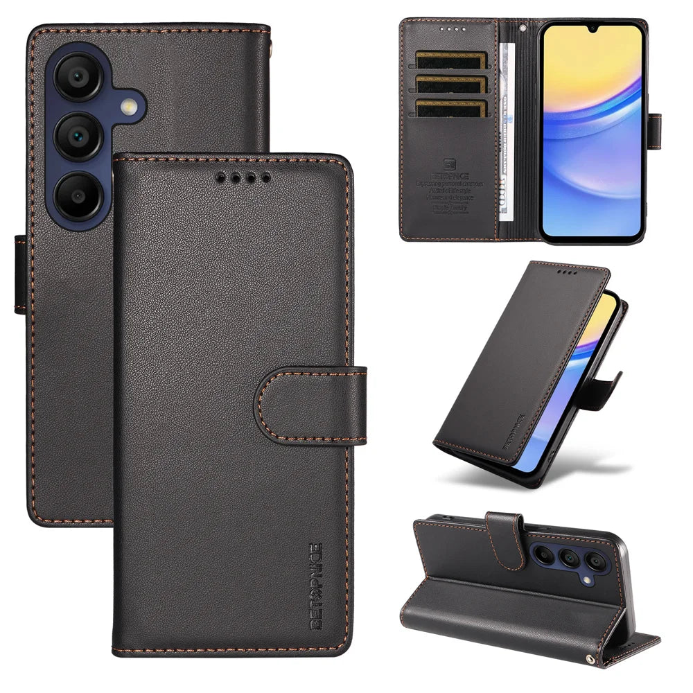 BETOPNICE for Samsung Galaxy A17 4G / Galaxy A16 4G / Galaxy A16 5G / Galaxy A18 5G / Galaxy A18 4G / Galaxy A17 5G 006 Case RFID Blocking Wallet Stand Leather Phone Cover with Wrist Strap - Black - 3