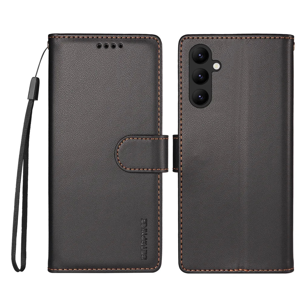 BETOPNICE for Samsung Galaxy A24 4G (162.1mm) 006 Case RFID Blocking Wallet Stand Leather Phone Cover with Wrist Strap - Black - 1