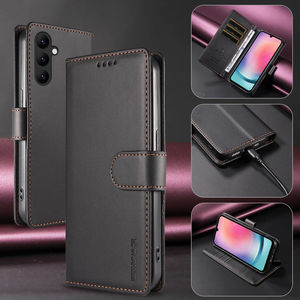 BETOPNICE for Samsung Galaxy A24 4G (162.1mm) 006 Case RFID Blocking Wallet Stand Leather Phone Cover with Wrist Strap - Black - 2
