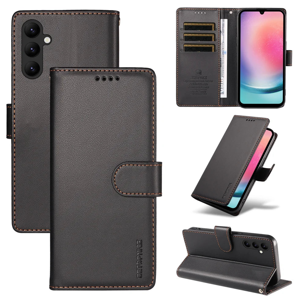 BETOPNICE for Samsung Galaxy A24 4G (162.1mm) 006 Case RFID Blocking Wallet Stand Leather Phone Cover with Wrist Strap - Black - 3