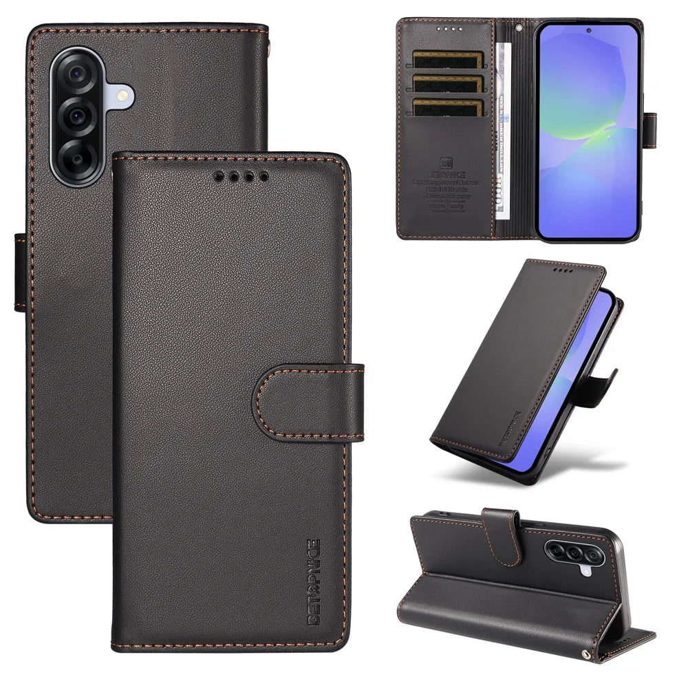 BETOPNICE for Samsung Galaxy A36 5G / Galaxy A37 5G 006 Case RFID Blocking Wallet Stand Leather Phone Cover with Wrist Strap - Black - 3
