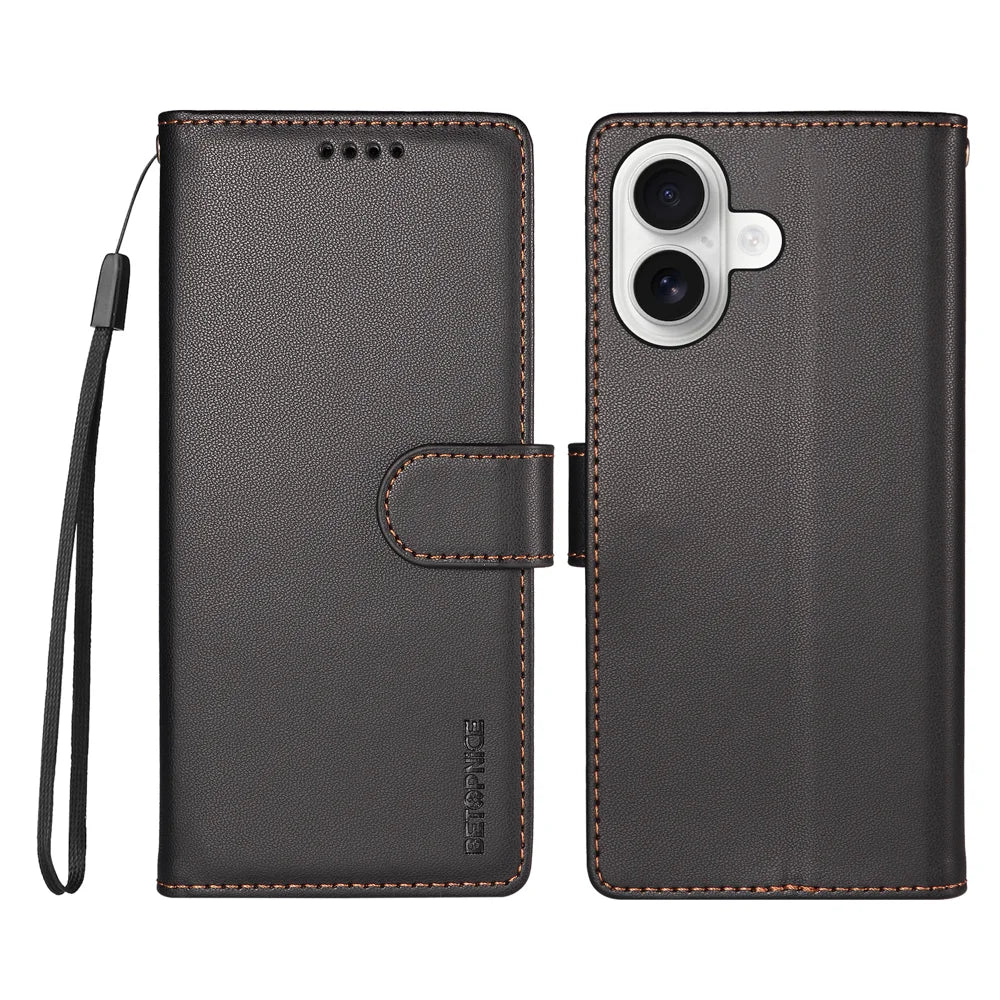 BETOPNICE for iPhone 16 Plus 006 Case RFID Blocking Wallet Stand Leather Phone Cover with Wrist Strap - Black - 1
