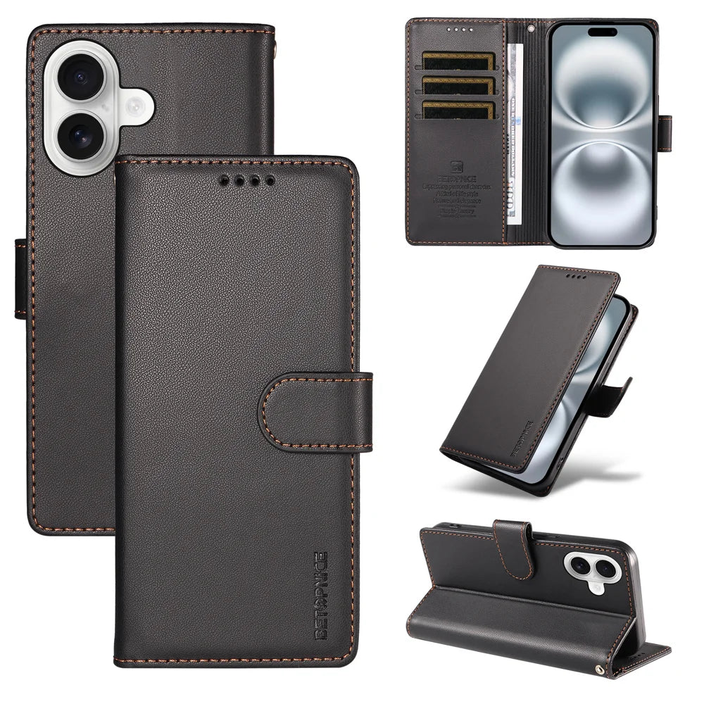 BETOPNICE for iPhone 16 Plus 006 Case RFID Blocking Wallet Stand Leather Phone Cover with Wrist Strap - Black - 3