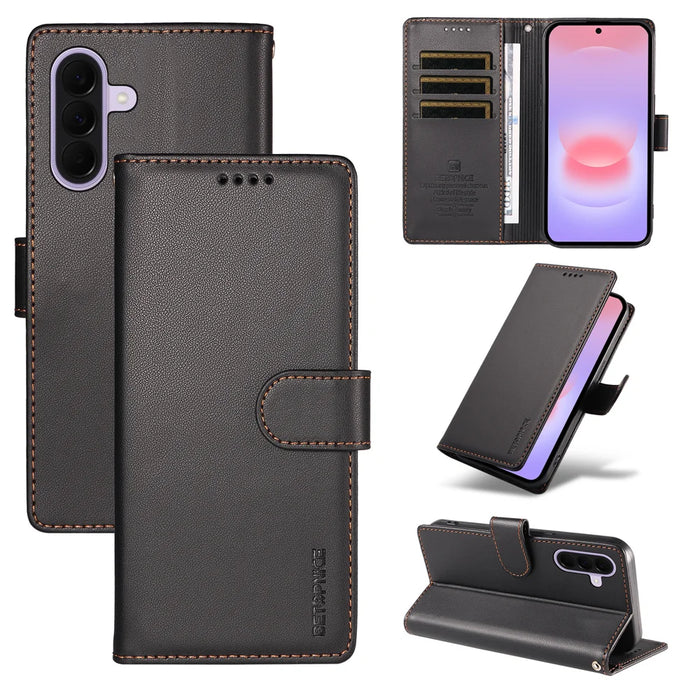 BETOPNICE for Samsung Galaxy A27 5G 006 Case RFID Blocking Wallet Stand Leather Phone Cover with Wrist Strap - Black - 3