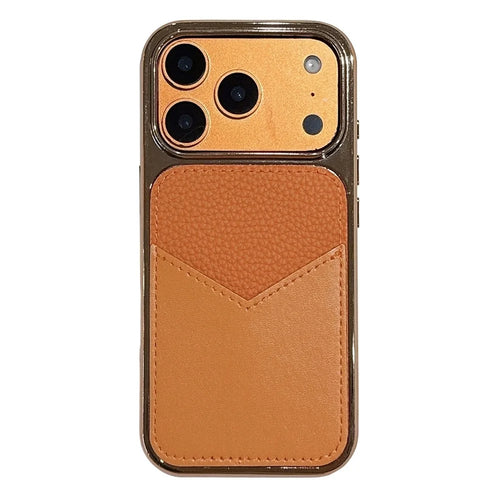 For iPhone 17 Pro Max Case Leather Coated PC + TPU Anti-Fingerprint Protective Cover with V-Shaped Card Slot - Orange - 1