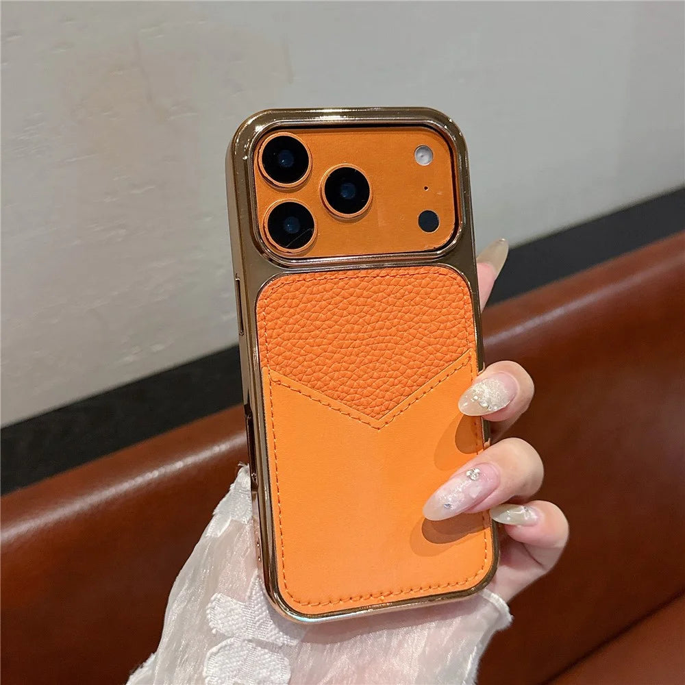 For iPhone 17 Pro Max Case Leather Coated PC + TPU Anti-Fingerprint Protective Cover with V-Shaped Card Slot - Orange - 2