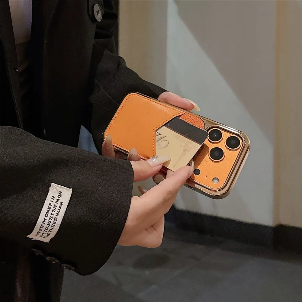 For iPhone 17 Pro Max Case Leather Coated PC + TPU Anti-Fingerprint Protective Cover with V-Shaped Card Slot - Orange - 3