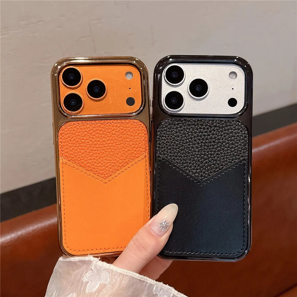 For iPhone 17 Pro Case Leather Coated PC + TPU Anti-Fingerprint Protective Cover with V-Shaped Card Slot - Orange - 4