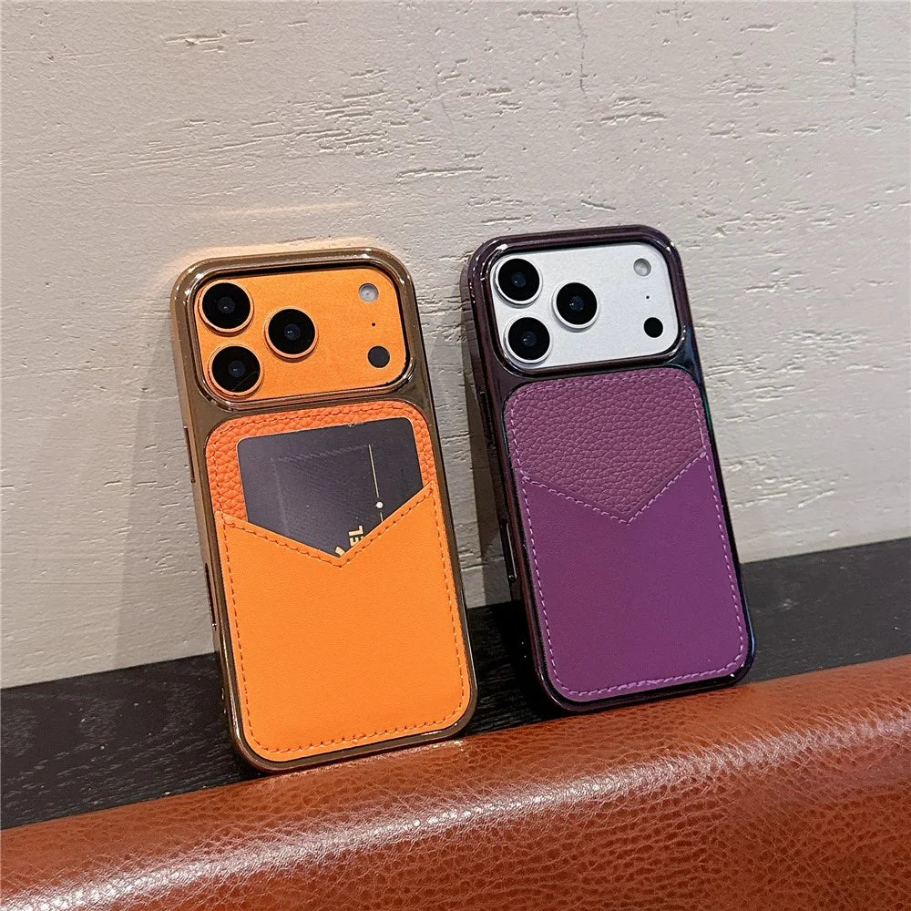 For iPhone 17 Pro Case Leather Coated PC + TPU Anti-Fingerprint Protective Cover with V-Shaped Card Slot - Orange - 5