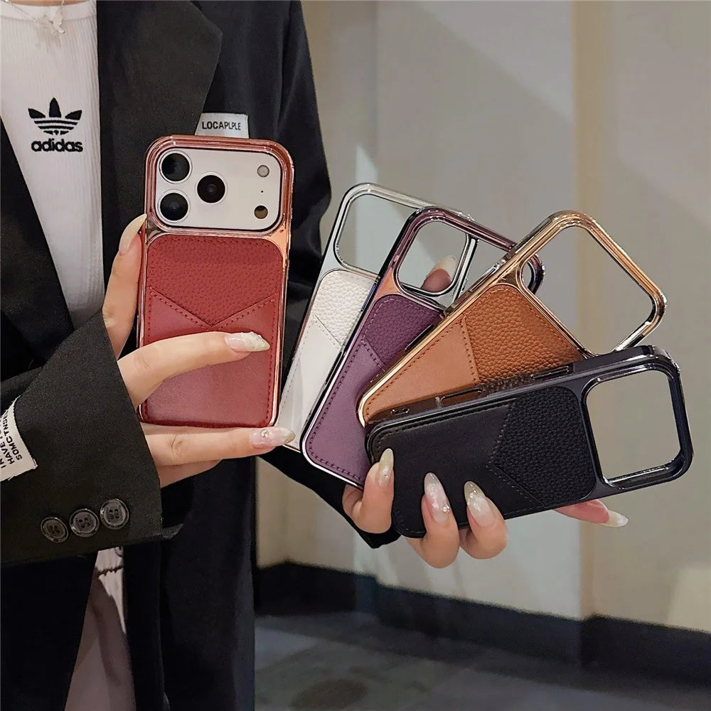 For iPhone 17 Pro Case Leather Coated PC + TPU Anti-Fingerprint Protective Cover with V-Shaped Card Slot - Orange - 6