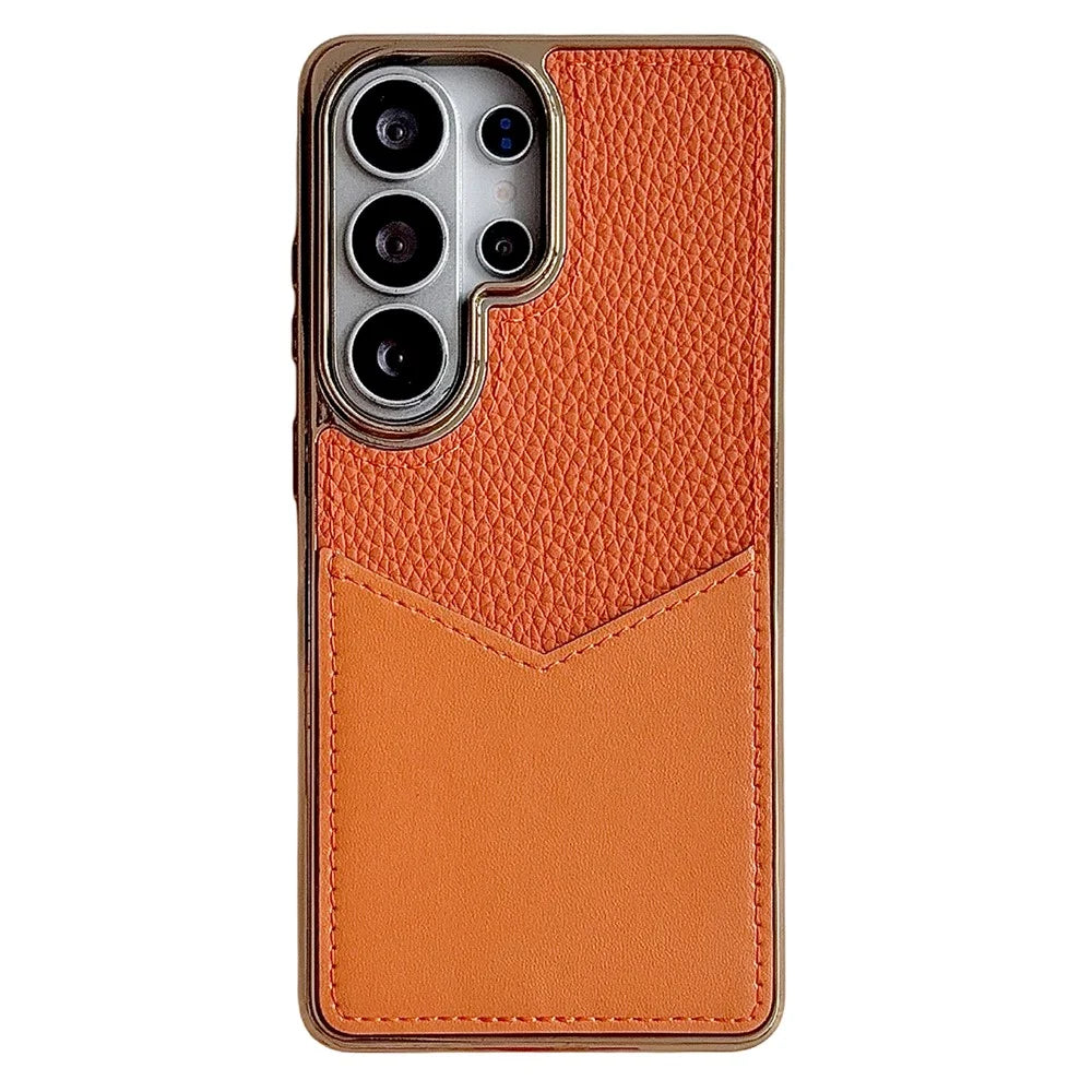 For Samsung Galaxy S26 Ultra Case Leather Coated PC + TPU Anti-Fingerprint Protective Cover with V-Shaped Card Slot - Orange - 1