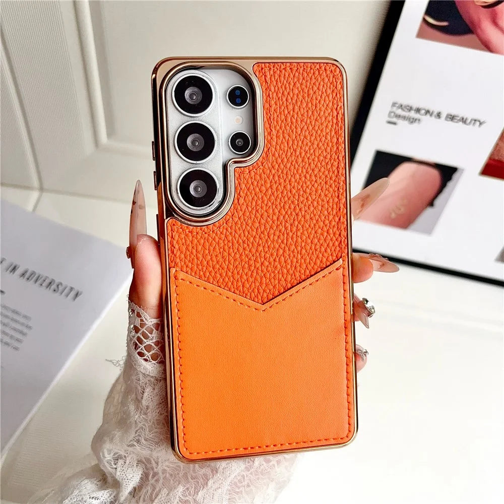 For Samsung Galaxy S26 Ultra Case Leather Coated PC + TPU Anti-Fingerprint Protective Cover with V-Shaped Card Slot - Orange - 2