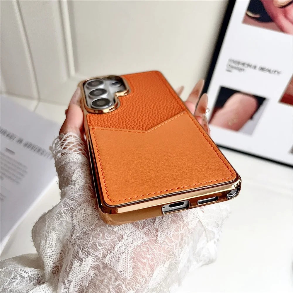 For Samsung Galaxy S26 Ultra Case Leather Coated PC + TPU Anti-Fingerprint Protective Cover with V-Shaped Card Slot - Orange - 4