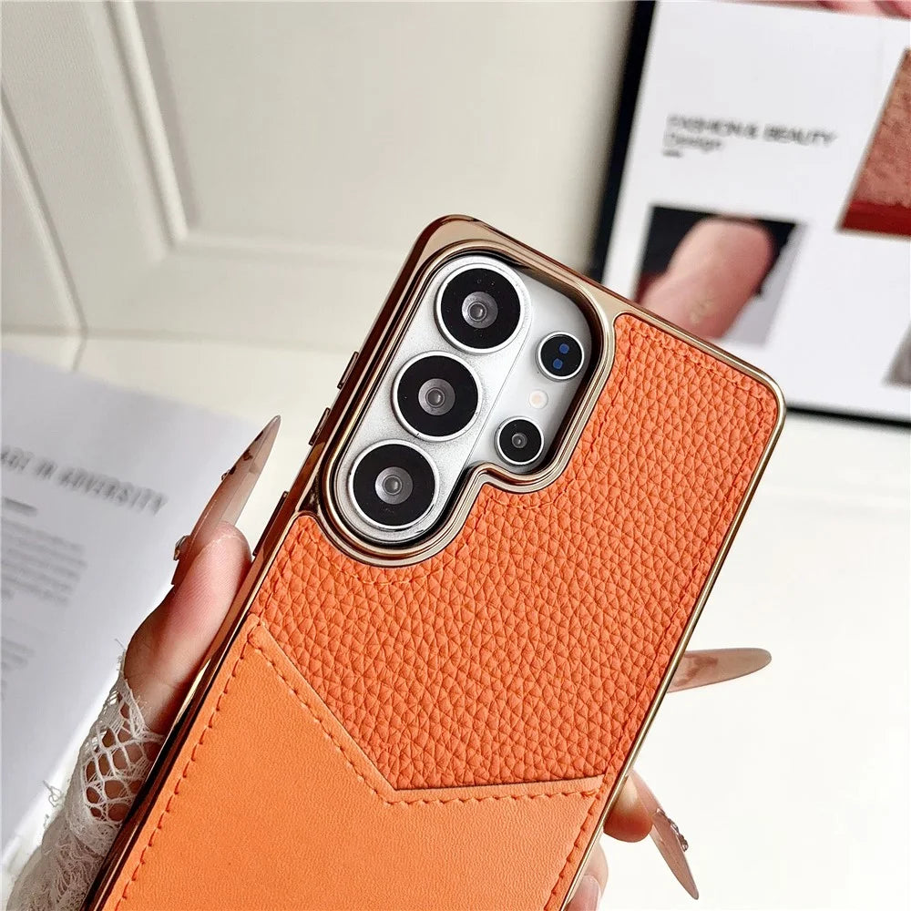 For Samsung Galaxy S26 Ultra Case Leather Coated PC + TPU Anti-Fingerprint Protective Cover with V-Shaped Card Slot - Orange - 5