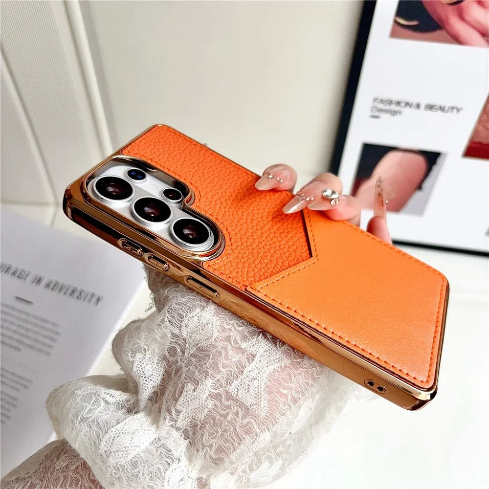 For Samsung Galaxy S25 Ultra Case Leather Coated PC + TPU Anti-Fingerprint Protective Cover with V-Shaped Card Slot - Orange - 3