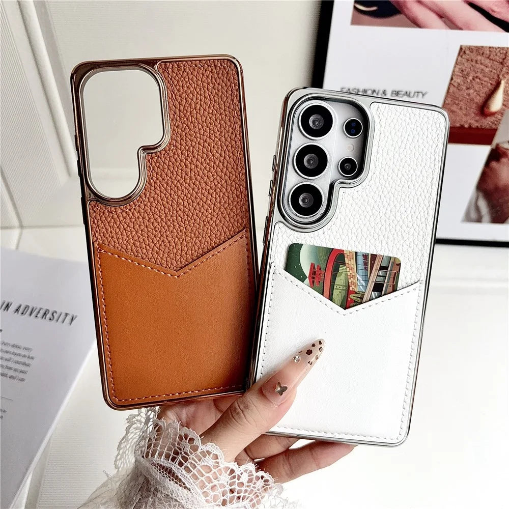 For Samsung Galaxy S25 Ultra Case Leather Coated PC + TPU Anti-Fingerprint Protective Cover with V-Shaped Card Slot - Orange - 7