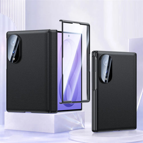 For Samsung Galaxy Z Fold8 Case with HD Tempered Glass Screen Protector Leather + PC Hinge Protection Phone Cover - Black - 1