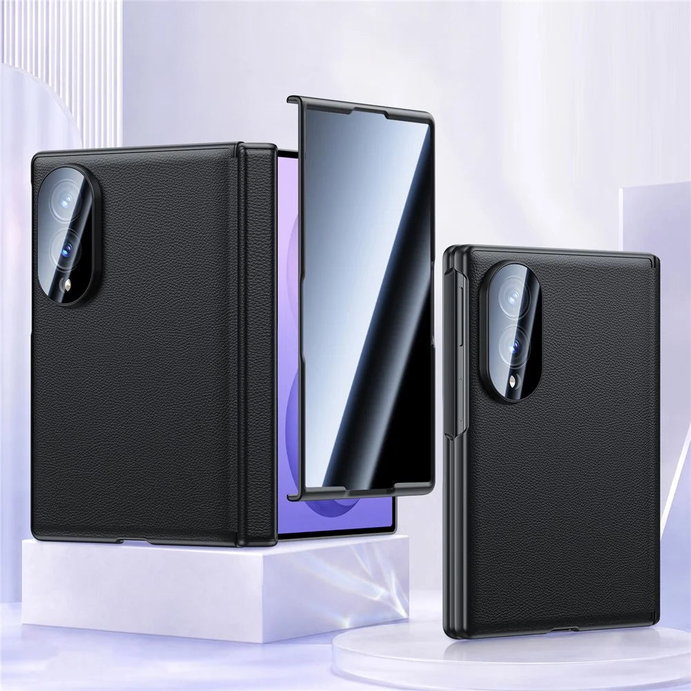 For Samsung Galaxy Z Fold8 Case with Anti-spy Tempered Glass Screen Protector Leather + PC Hinge Protection Phone Cover - Black - 1