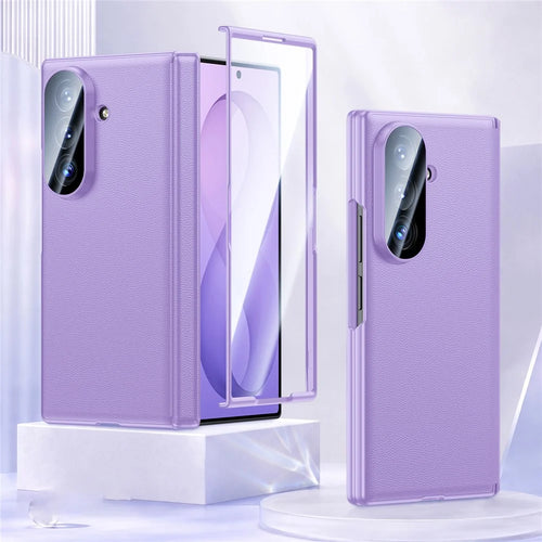 For Samsung Galaxy Z Fold8 Ultra Case with HD Tempered Glass Screen Protector Leather + PC Hinge Protection Phone Cover - Purple - 1