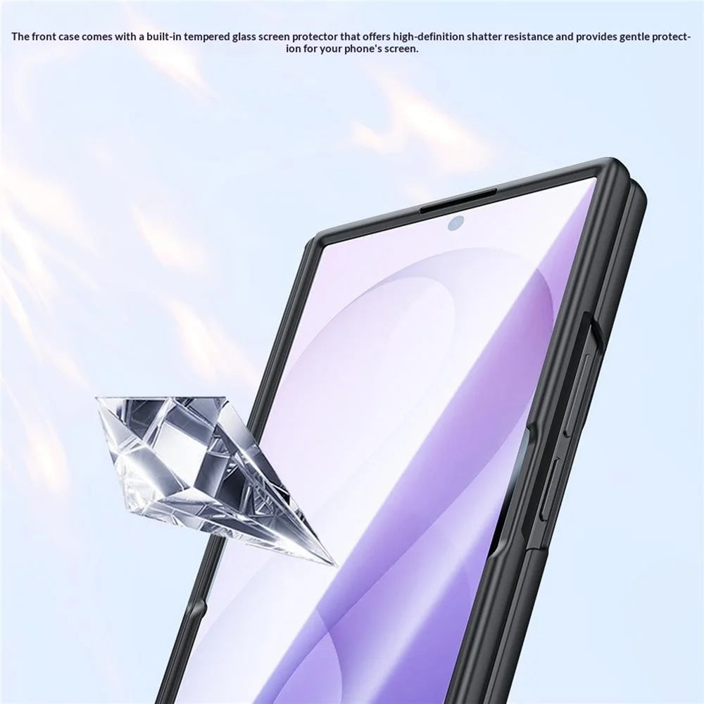 For Samsung Galaxy Z Fold8 Ultra Case with HD Tempered Glass Screen Protector Leather + PC Hinge Protection Phone Cover - Purple - 6