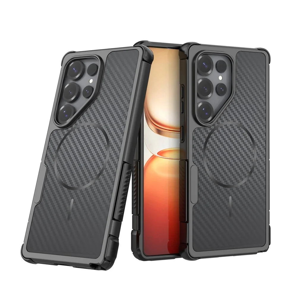 For Samsung Galaxy S24 Ultra Magnetic Case Carbon Fiber Texture PC + TPU Corner Protection Phone Cover - Black - 5
