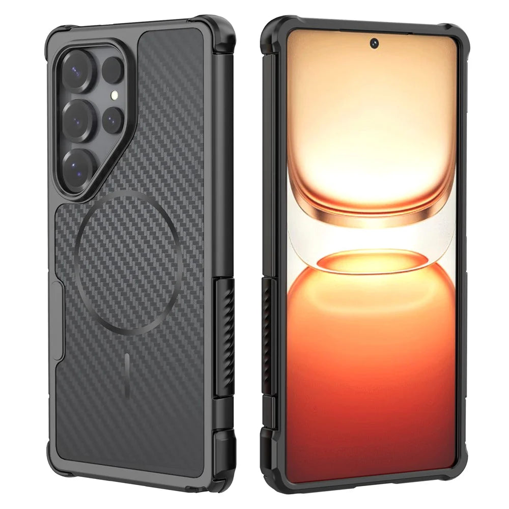 For Samsung Galaxy S25 Ultra Magnetic Case Carbon Fiber Texture PC + TPU Corner Protection Phone Cover - Black - 3