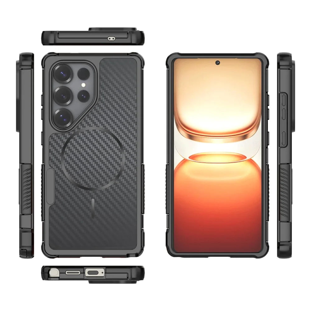For Samsung Galaxy S25 Ultra Magnetic Case Carbon Fiber Texture PC + TPU Corner Protection Phone Cover - Black - 4
